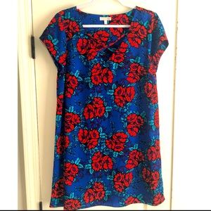 GB Blue Red Floral Printed Trapeze Dress+ Sz Large